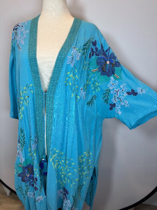 Chico's Tops - Chico’s Special Edition Embroidered Beaded Turquoise Ruana Duster Kimono S/M